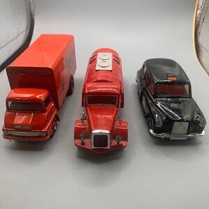 Lot of 3 Older Corgi Diecast Delivery Van, Fire Tanker, & London Taxi Vehicles